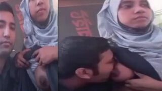 Bangladeshi hijab girl boob sucking in outdoor restaurant
